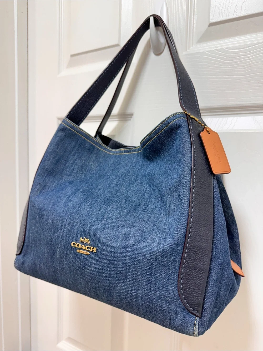 Coach Hadley Denim Hobo Large Shoulder Bag Blue Denim Leather Trim